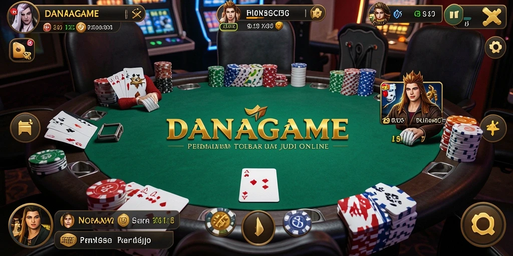 Tampilan utama gameplay Poker di DANAGAME dengan lingkungan yang menarik.