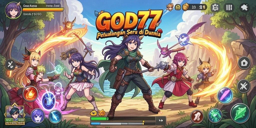 Screenshot menunjukkan pertarungan seru di <strong>GOD77</strong> dengan karakter anime yang atraktif.
