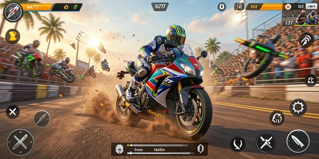 Tampilan gameplay seru dan mendebarkan di trek balapan motor.
