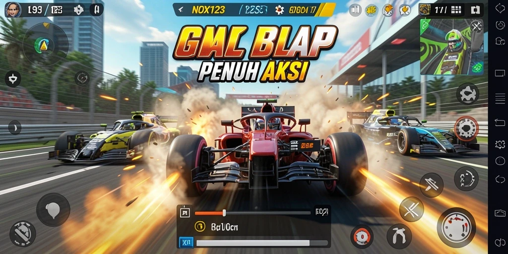 Screenshot utama NOX123 menunjukkan aksi balap yang seru dan grafis menawan.