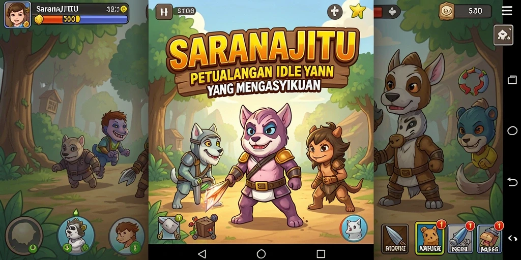 Tampilan gameplay Idle SARANAJITU yang penuh warna dan menarik.