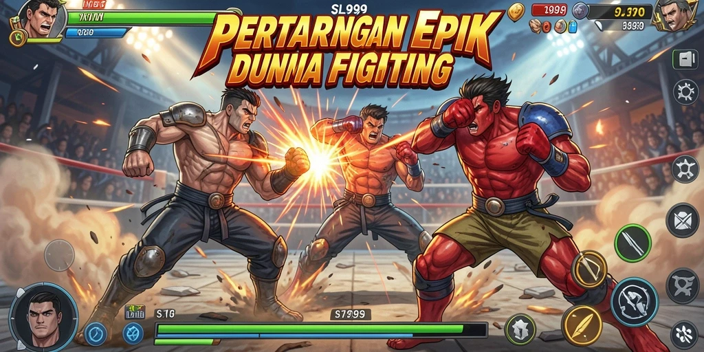 Screenshot gameplay SL999 menampilkan pertarungan intens antara karakter-karakter unik.